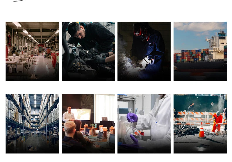 Eight square photos showing industrial scenes: garment sewing, vehicle repair, welding, shipping, warehouse, and labor.