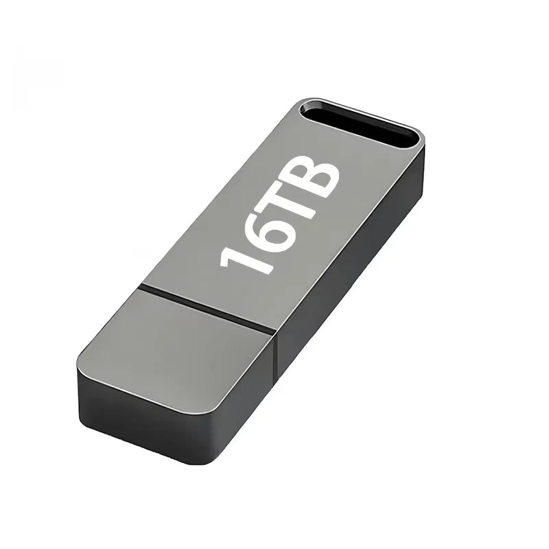 Sleek metallic grey 16TB USB flash drive with a rectangular design and a built-in lanyard hole.