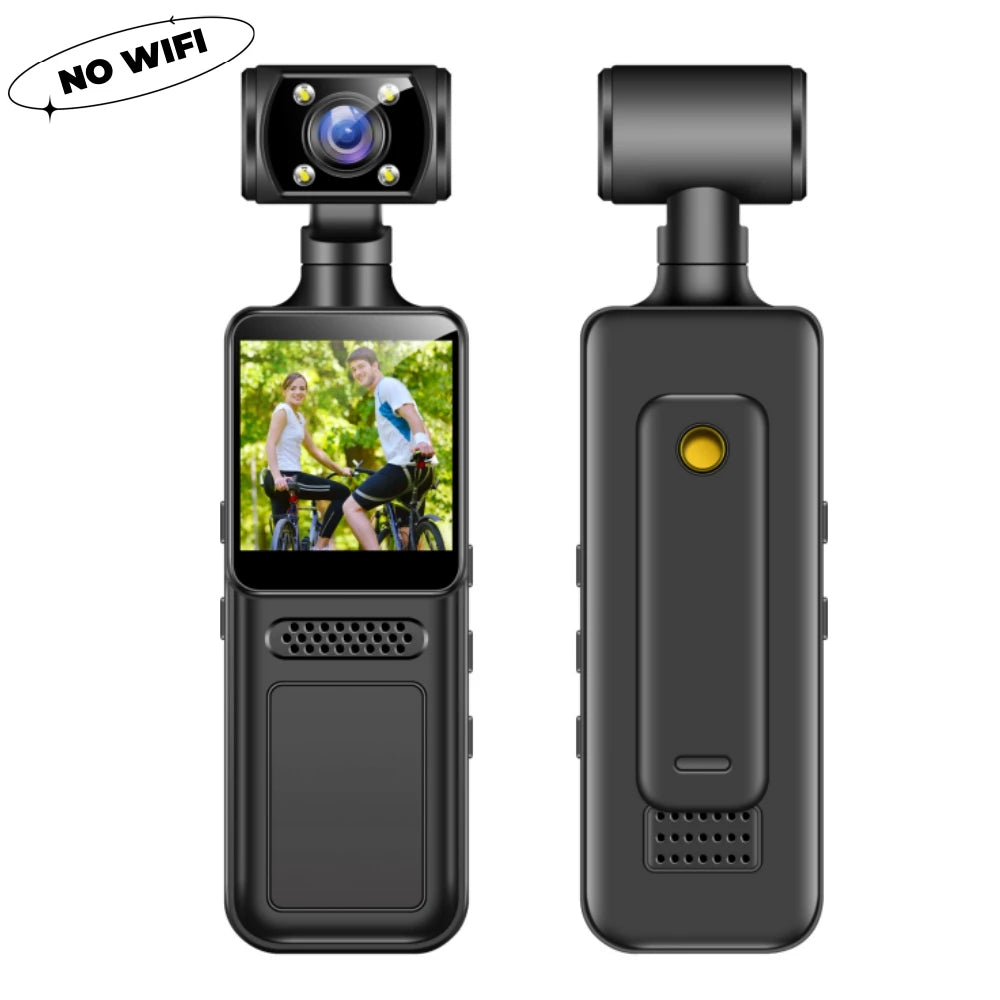 Black portable wearable body camera with 180° rotating lens, LCD screen, and belt clip. No Wi-Fi functionality.