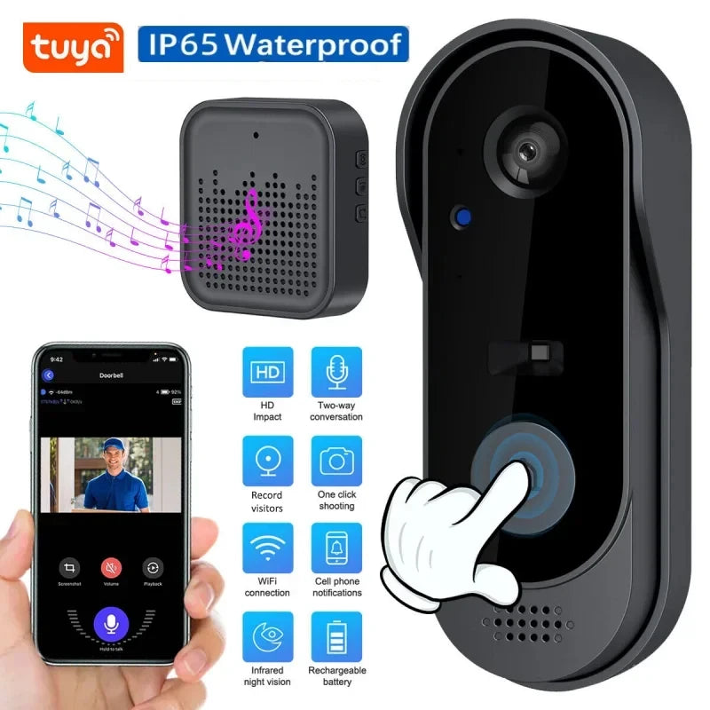 Black wireless HD smart doorbell with night vision, internal chime, and mobile app interface showing two-way audio.