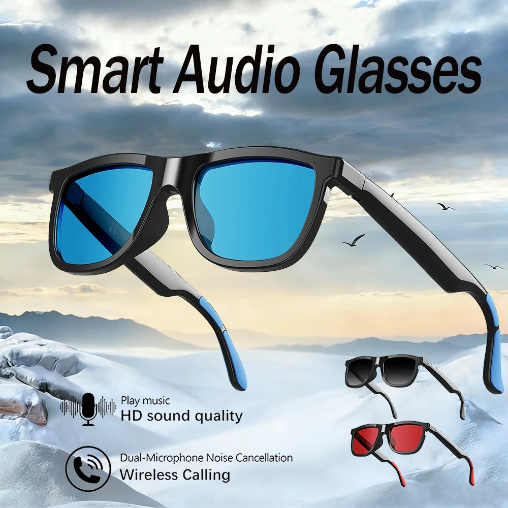 Black smart audio glasses with blue-tinted lenses, plus additional models shown in black and red against a snowy sky.