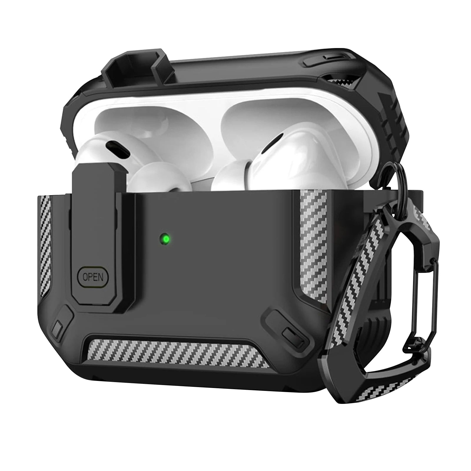 Rugged black carbon-fibre style protective case for Apple AirPods Pro, featuring a secure locking clip and carabiner.