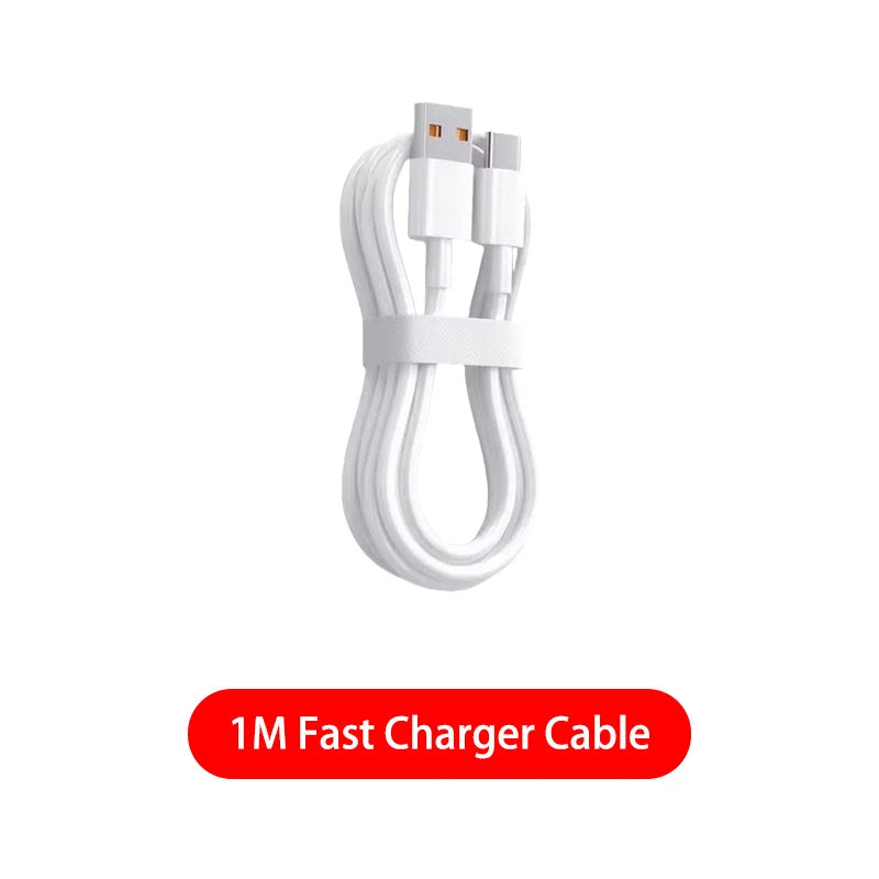 White 1-meter USB-A to USB-C charging cable made of smooth plastic, coiled and secured with a white strap.