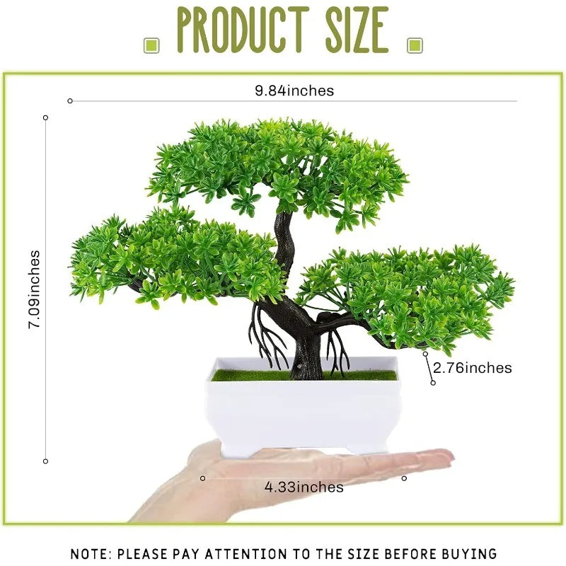 Artificial bonsai tree with vibrant green leaves in a white rectangular pot, held by a hand, showing size dimensions.