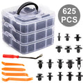 Clear 3-tier storage box filled with black car fastener clips, plus orange trim removal tools and a red-handled tool.