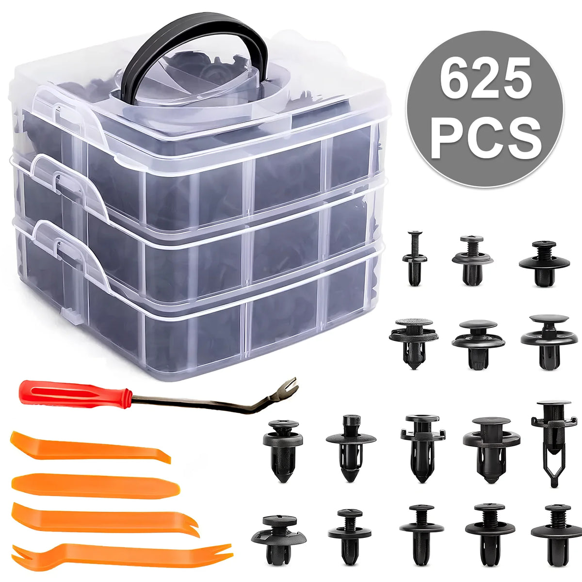 Clear 3-tier storage box filled with black car fastener clips, plus orange trim removal tools and a red-handled tool.
