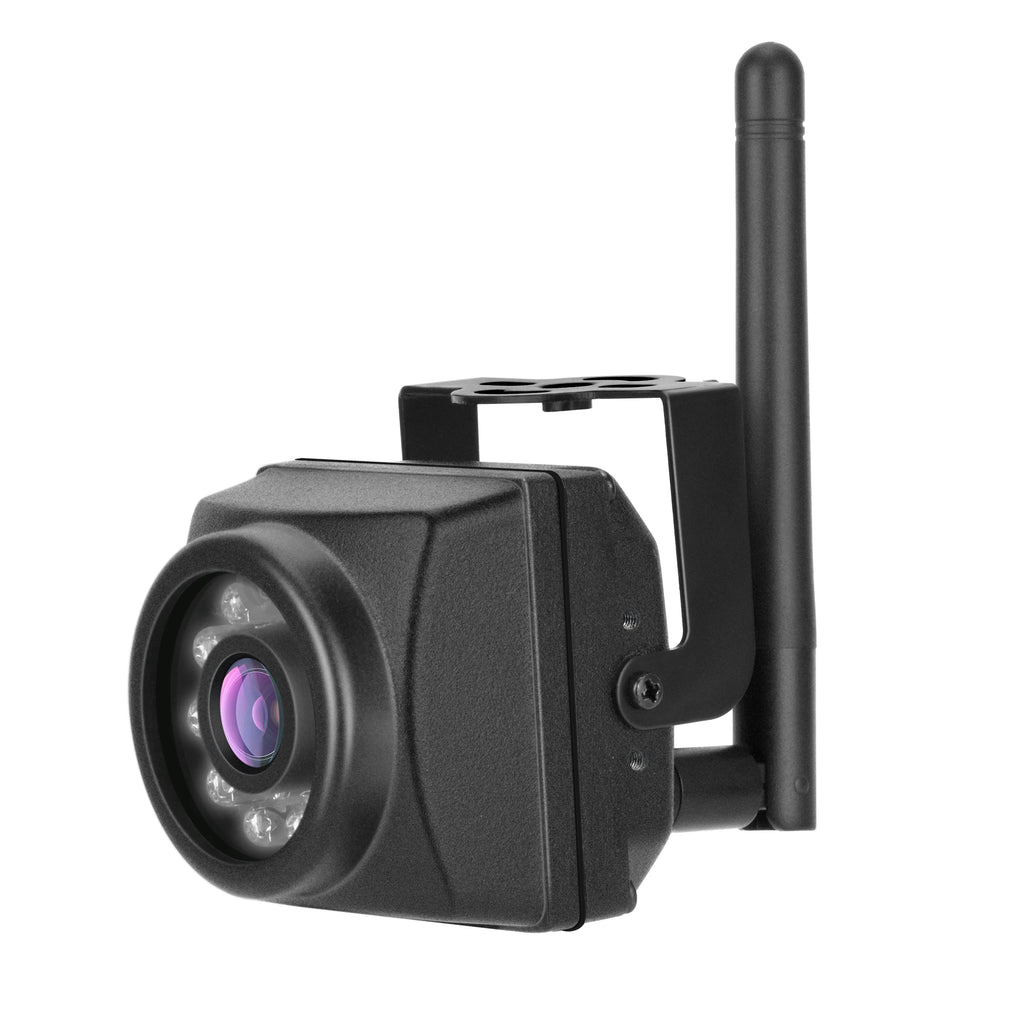 Black wireless backup camera with metal mounting bracket and integrated antenna, featuring infrared night vision LEDs.