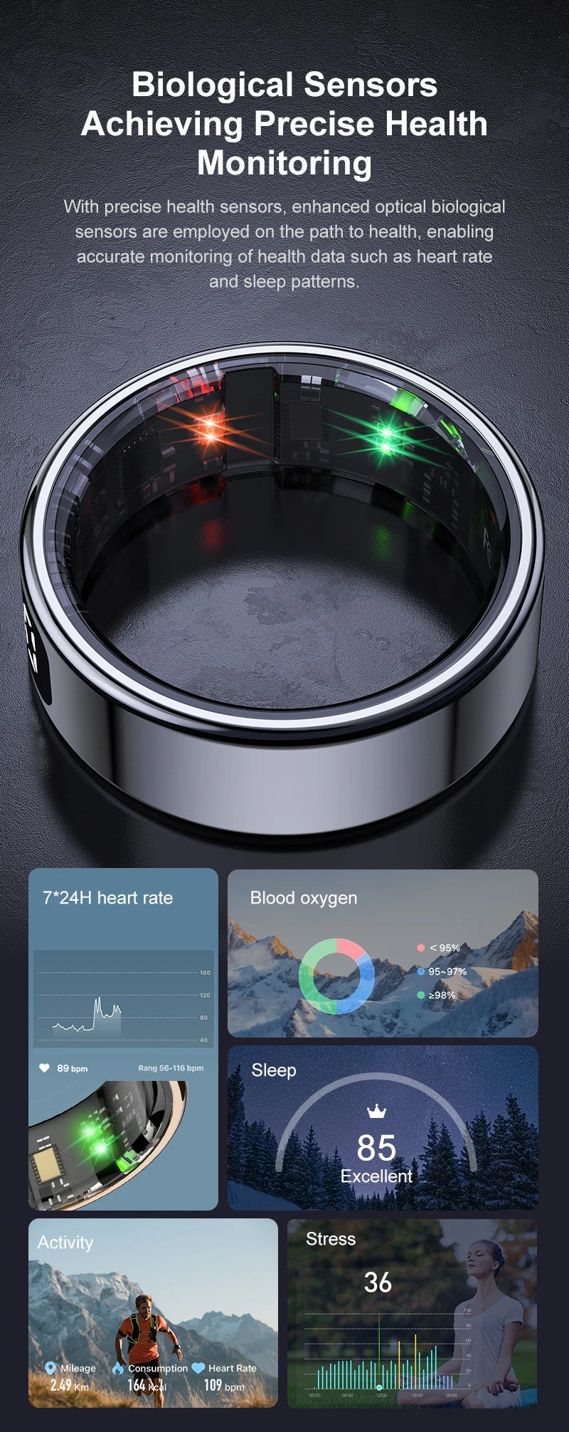 Sleek silver smart health ring with an LED display showing internal sensors and various health tracking data panels.