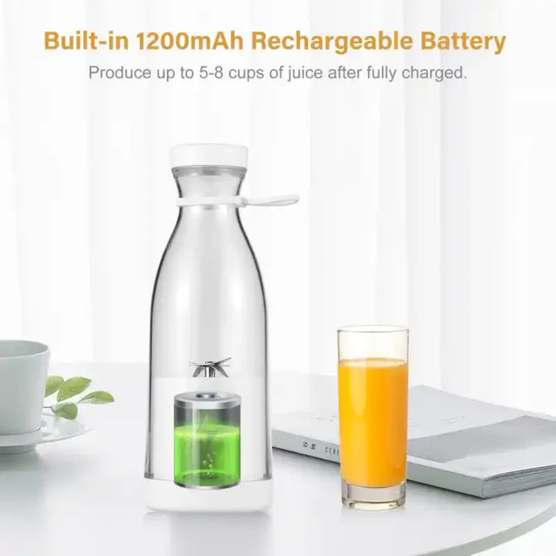 Portable white rechargeable personal blender bottle with a transparent body and blades, next to a glass of orange juice.