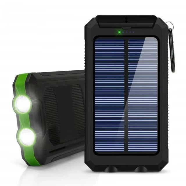 Rugged black and green solar power bank with dual LED torch lights and a clip-on carabiner.