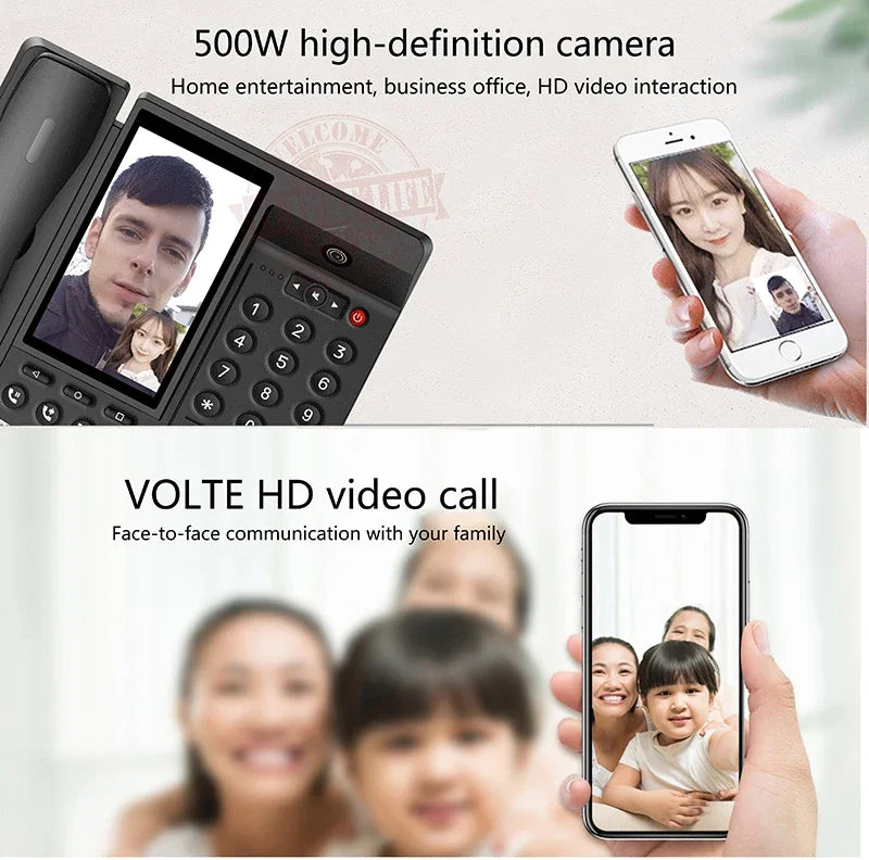 Black corded office video phone with built-in camera and screen, demonstrating HD video calling on mobile devices.