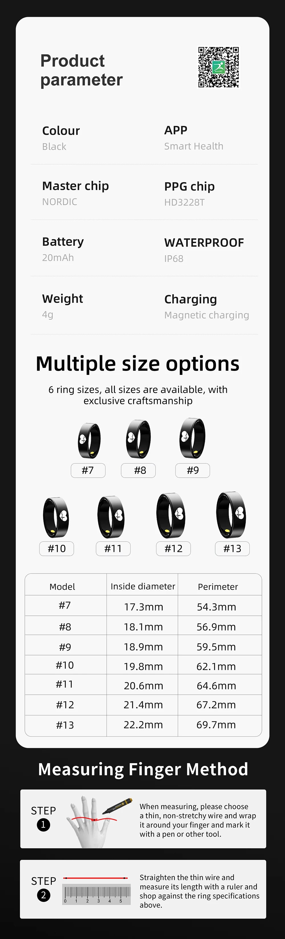 Black smart fitness ring with waterproof design, magnetic charging, and six size options. Includes sizing guide.