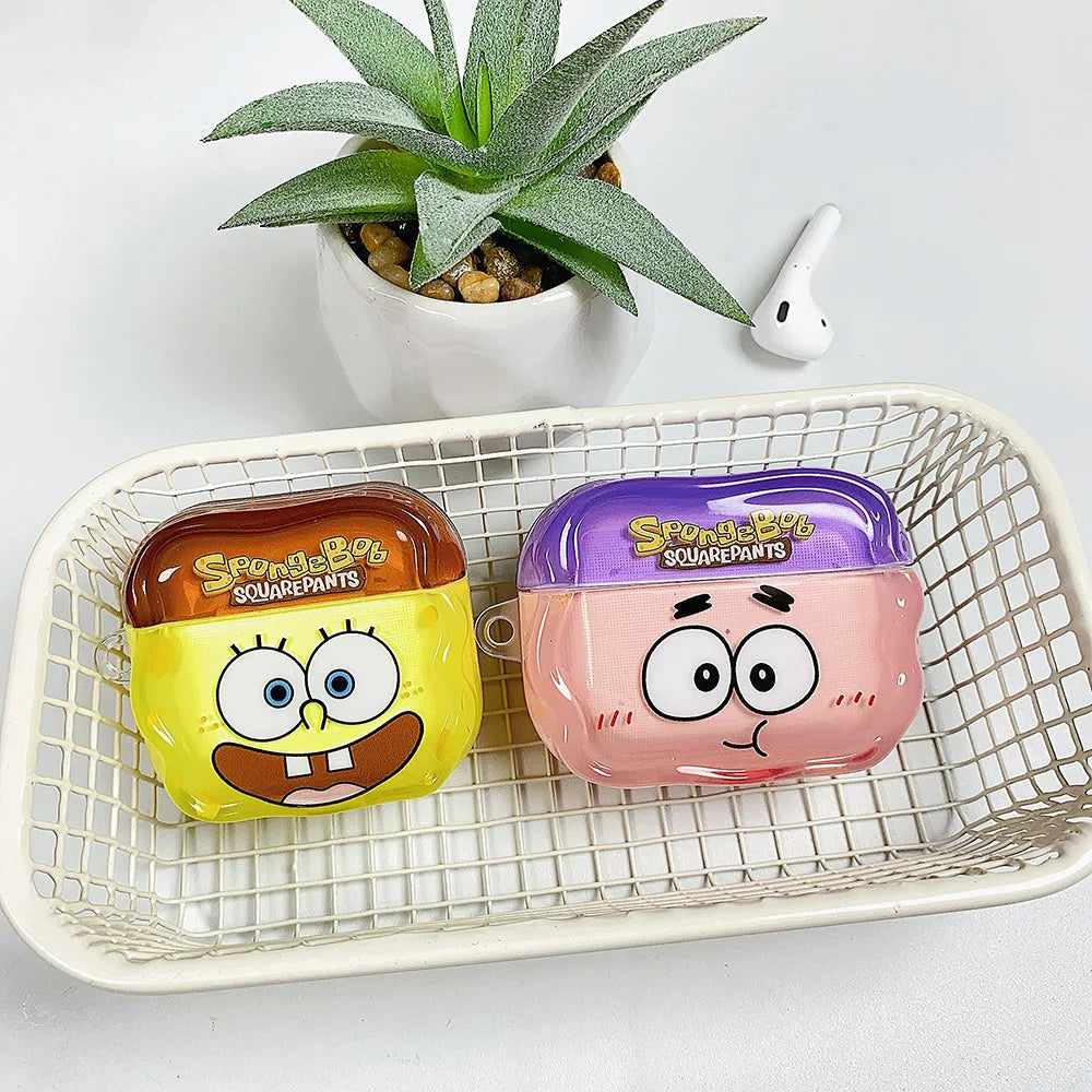 Two clear plastic SpongeBob SquarePants AirPods Pro cases featuring yellow SpongeBob and pink Patrick designs.