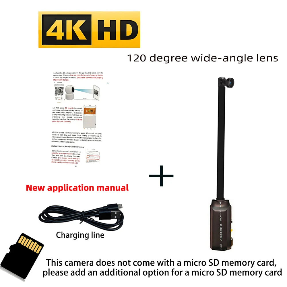 Black 4K security camera with long lens, charging cable, and instruction manual. Memory card not included.