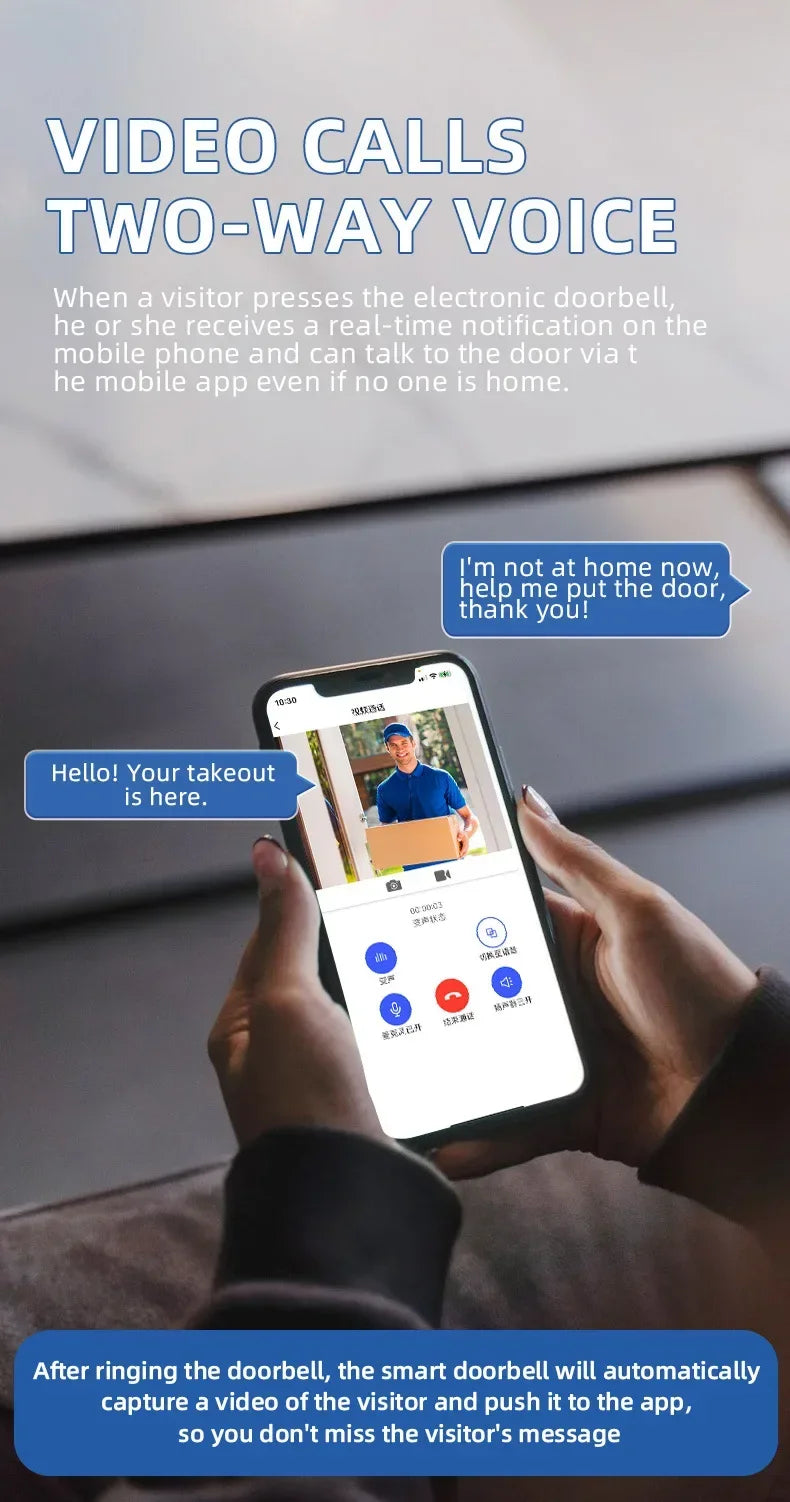 Hands holding a smartphone showing a video doorbell app interface with two-way voice communication features.