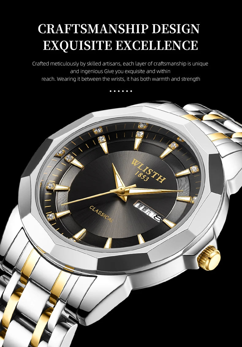 Classic men’s business watch with a black face, gold indices, and a two-tone silver and gold stainless steel strap.