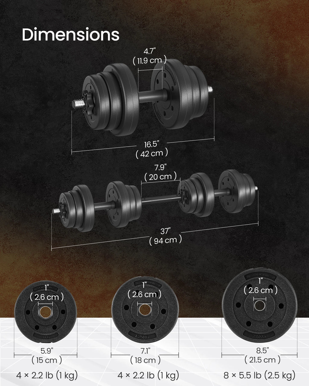 Black adjustable dumbbells and barbell set with plastic-coated weight plates and dimension overlays.