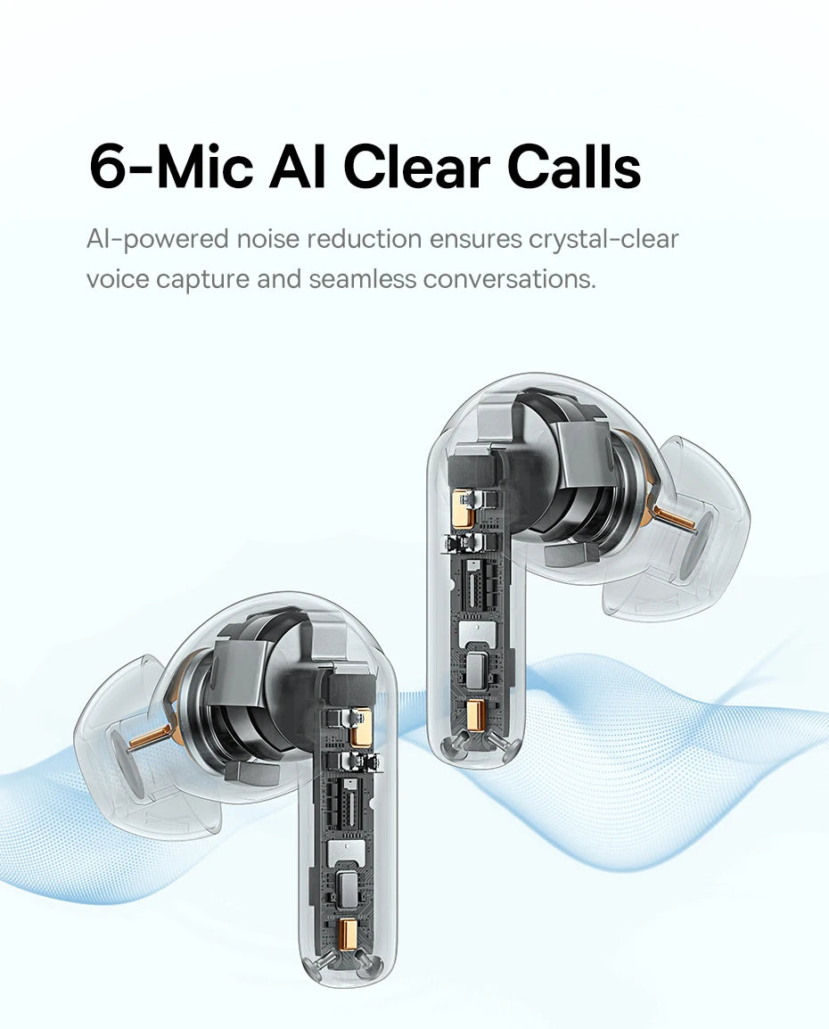 Transparent wireless earbuds showing internal circuit board details on a white background with abstract blue graphics.