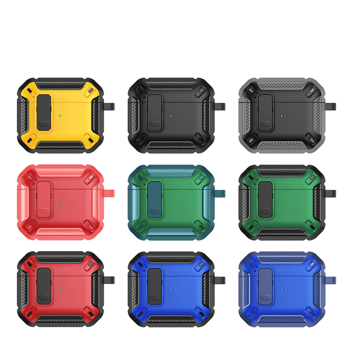Rugged, multi-coloured carbon fibre style cases for AirPods in various shades, including yellow, red, blue, and black.