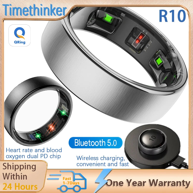 Brushed silver smart health tracker ring with interior health sensors and wireless charging dock.