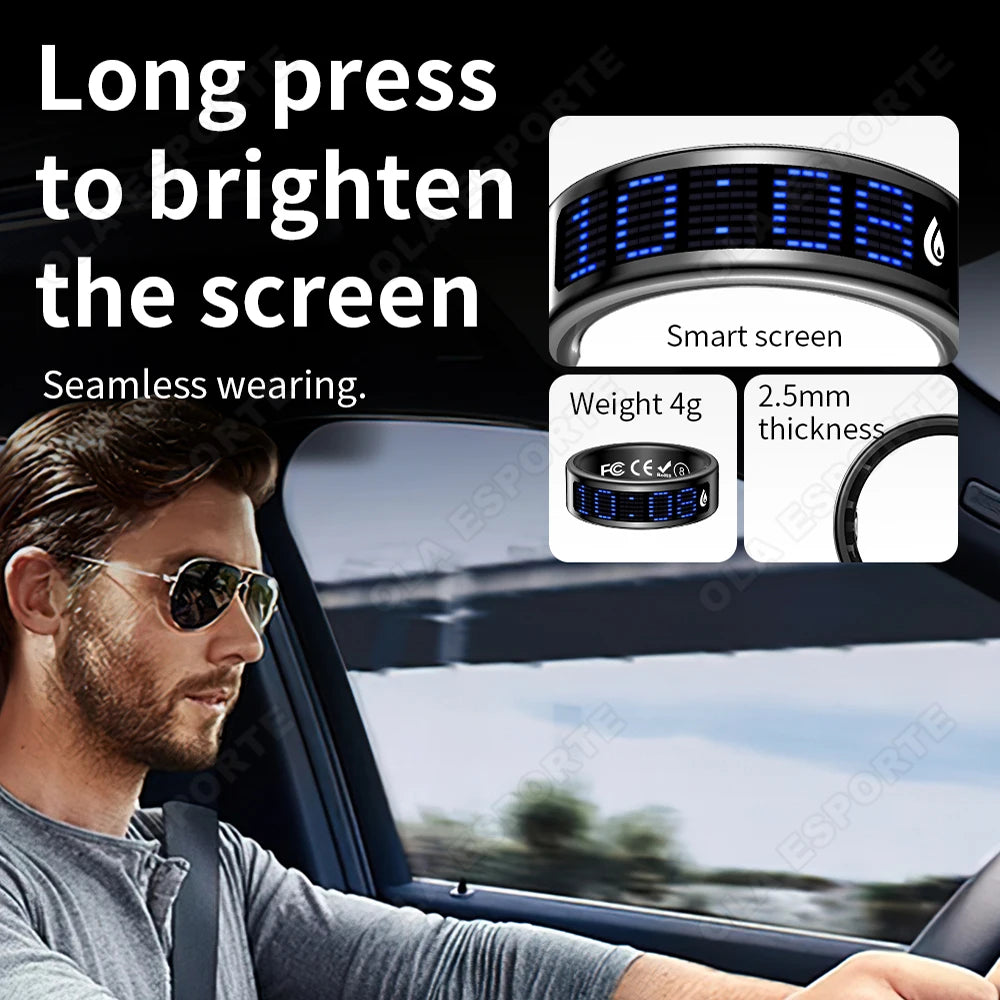 A sleek black smart fitness ring with a blue digital display, 2.5mm thickness, and a lightweight 4g design.