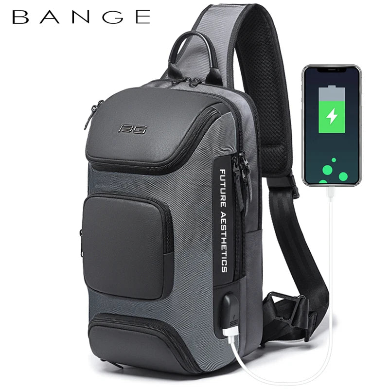 Grey, anti-theft crossbody bag with a single shoulder strap, multiple zip compartments, and a built-in USB charging port.