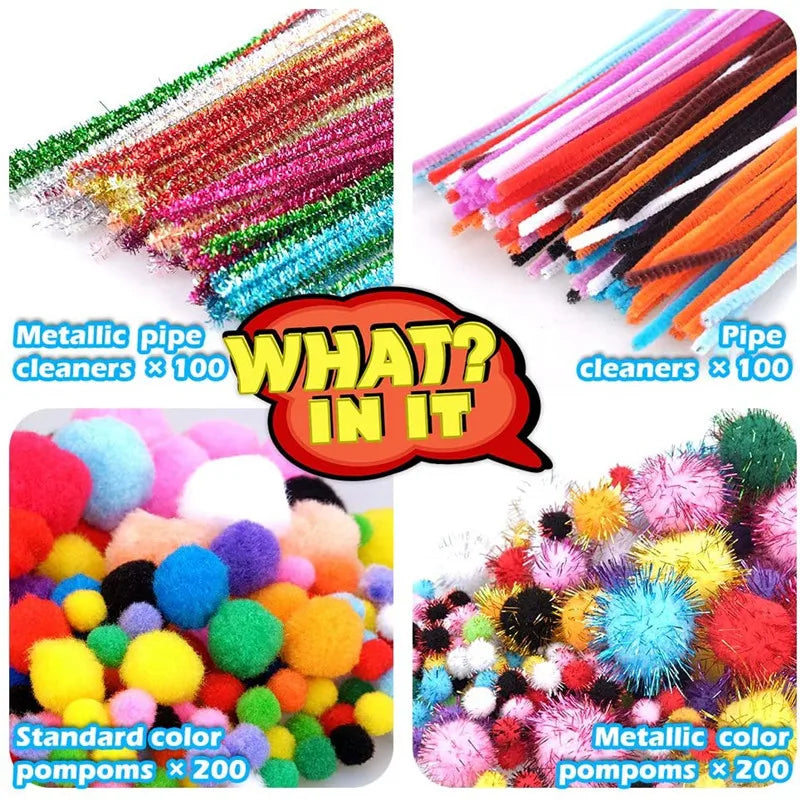 Craft kit containing 600 pieces: metallic and standard pipe cleaners plus multi-coloured fluffy and sparkly pom-poms.