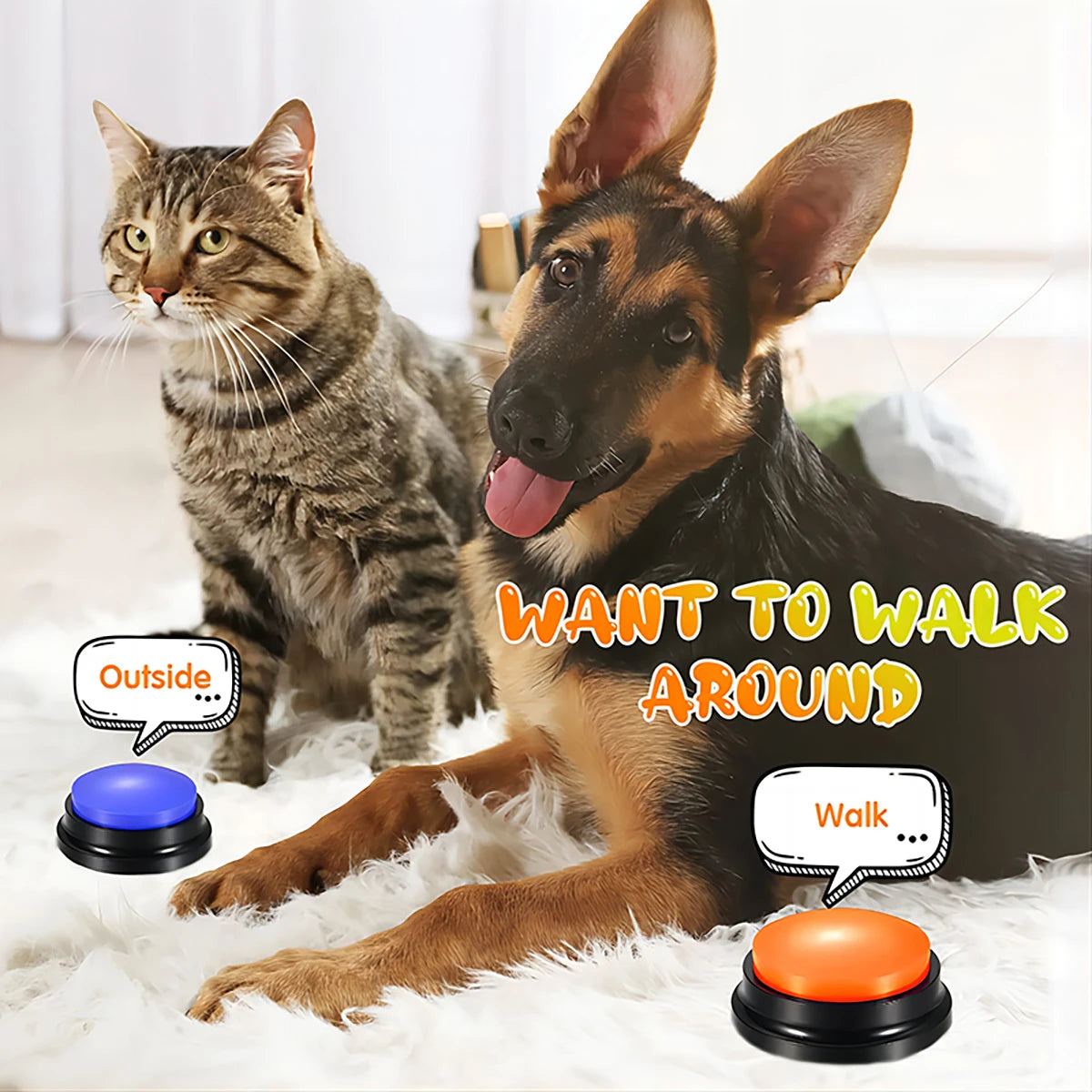 A German Shepherd and a tabby cat with blue and orange interactive recordable training buttons on a white rug.