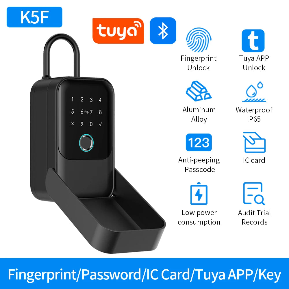 Black aluminum alloy smart key lock box with fingerprint, Bluetooth, passcode, and IC card unlocking features.