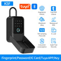Black aluminum alloy smart key lock box with fingerprint, Bluetooth, passcode, and IC card unlocking features.