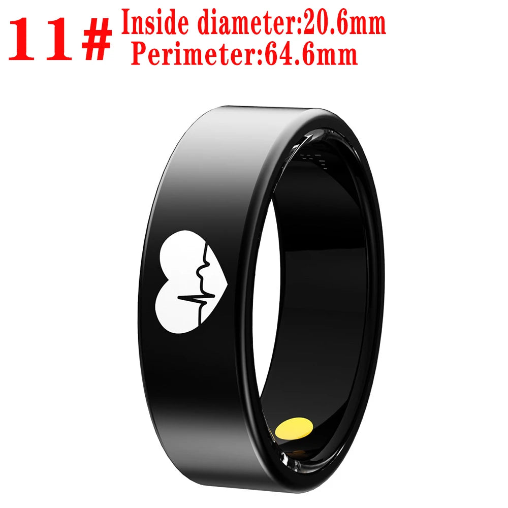 Glossy black smart health tracking ring featuring a white heart and heartbeat pulse icon on the side.