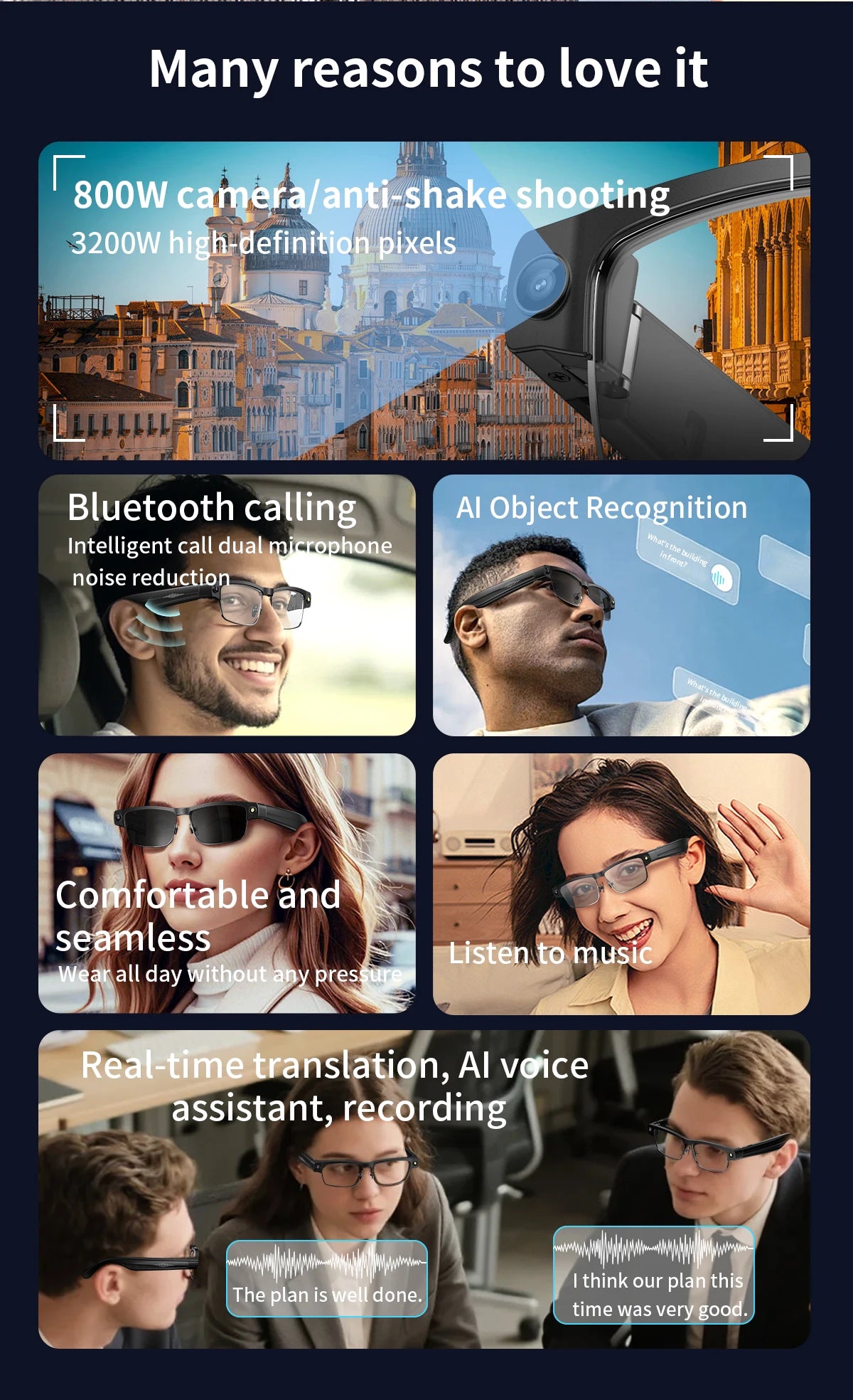 Smart black glasses with an integrated camera, voice assistant, AI translation, and Bluetooth for hands-free audio.