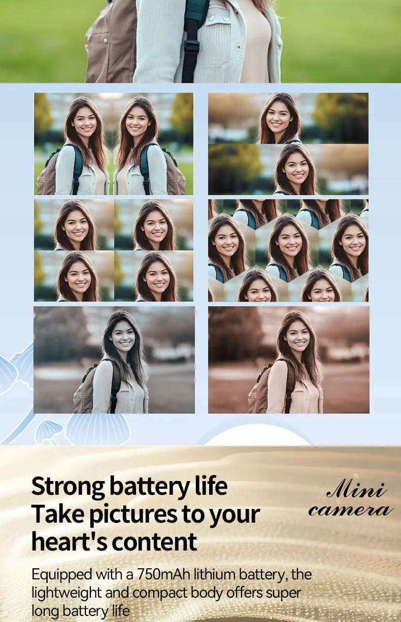 Compact digital mini camera with 750mAh lithium battery shown in a collage of sample photos and product text.