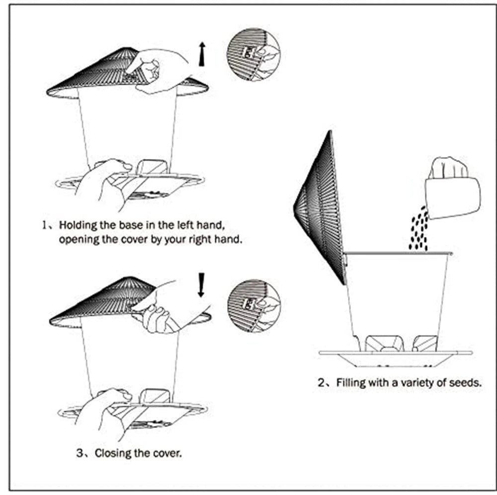 Instructional line art of a cone-roof bird feeder, showing steps to open, fill with seeds, and close the lid.