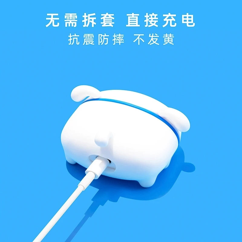 White silicone puppy-design AirPods case with blue trim, shown charging on a blue background.