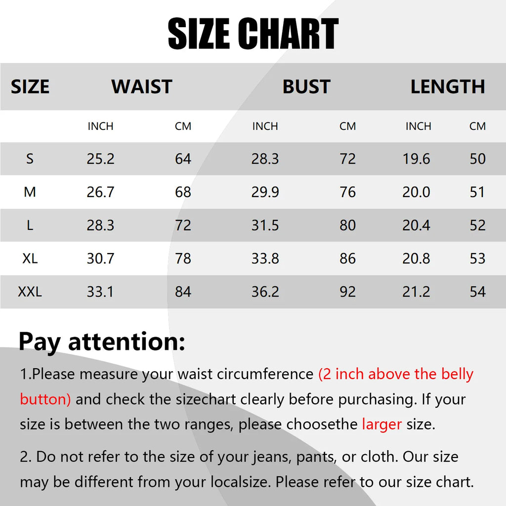 Clothing size chart table showing waist, bust, and length measurements in inches and centimetres for sizes S to XXL.