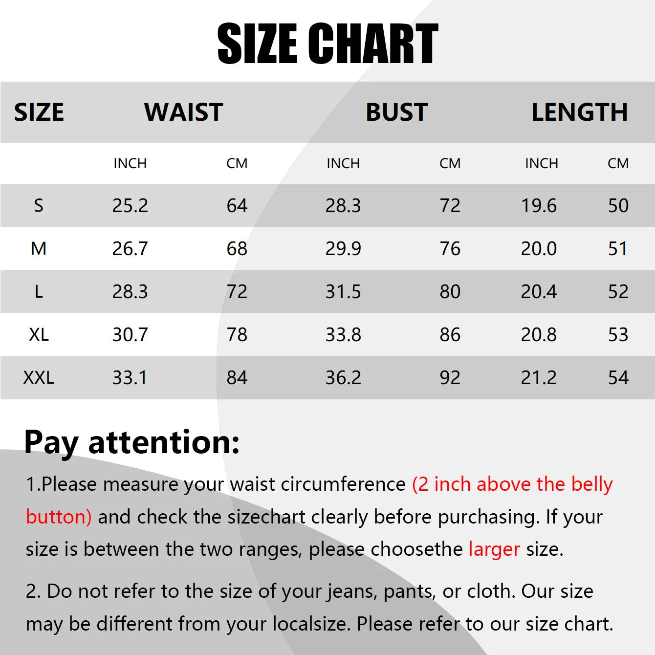 Clothing size chart table showing waist, bust, and length measurements in inches and centimetres for sizes S to XXL.