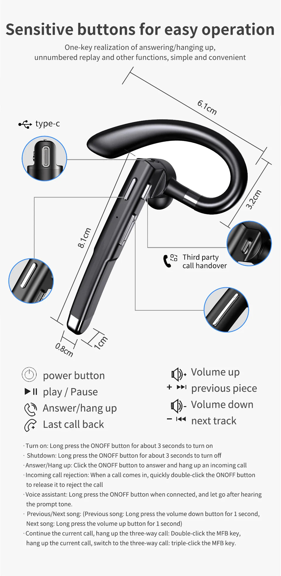 Sleek black wireless mono headset with an ear hook, Type-C charging port, and intuitive side buttons for call control.