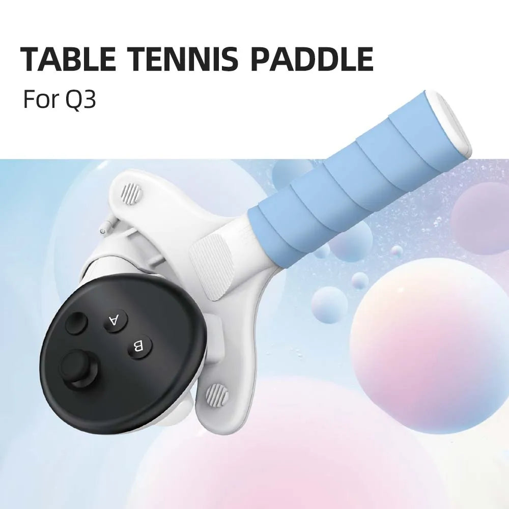 AMVR white table tennis paddle adaptor for Quest 3 with black controller and light blue grip handle.
