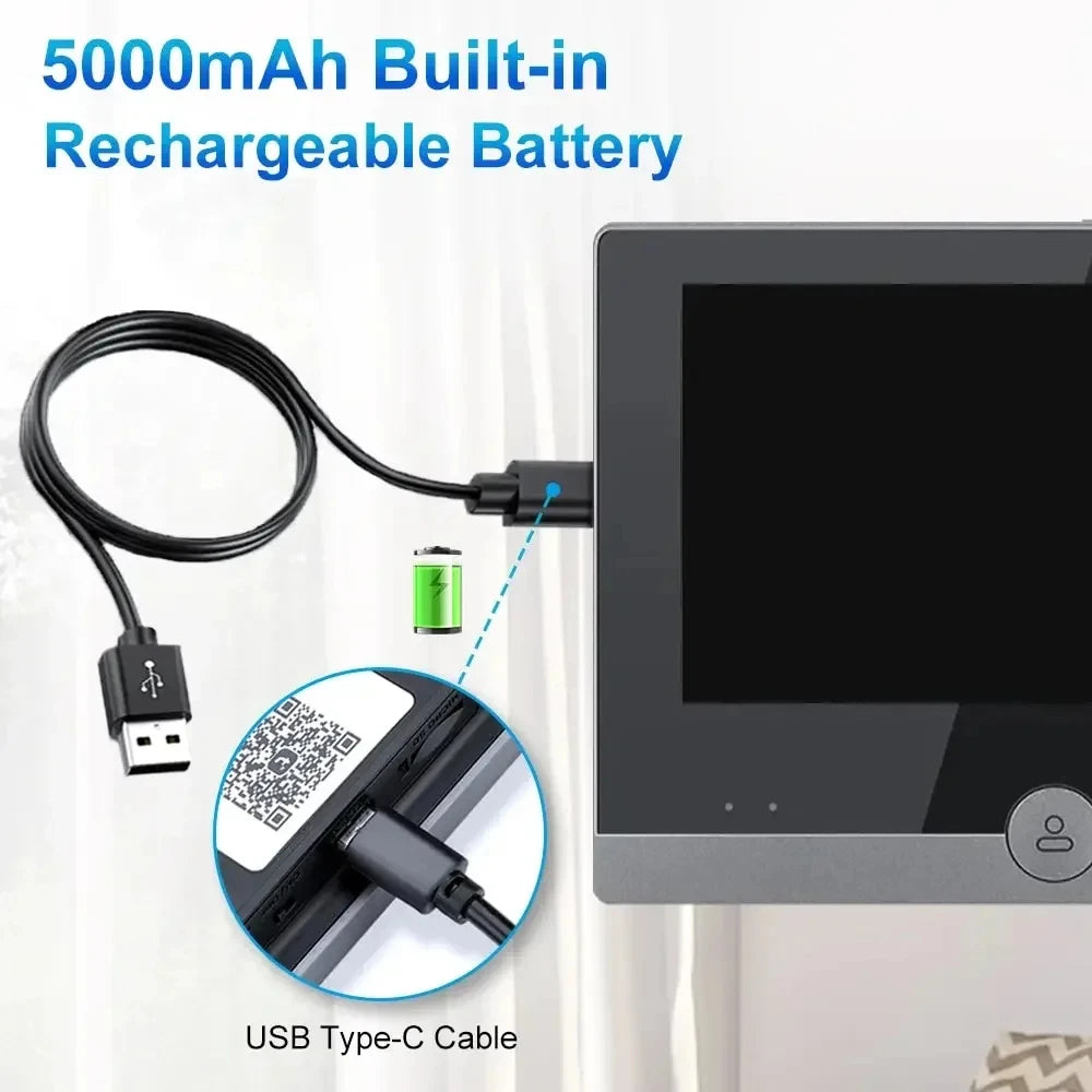 Grey smart video doorbell being charged via a USB Type-C cable, highlighting the 5000mAh rechargeable battery.