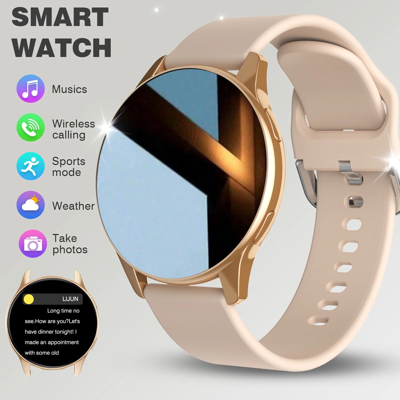 Beige smart watch with gold casing, round face, and icons for music, wireless calling, fitness, weather, and photos.