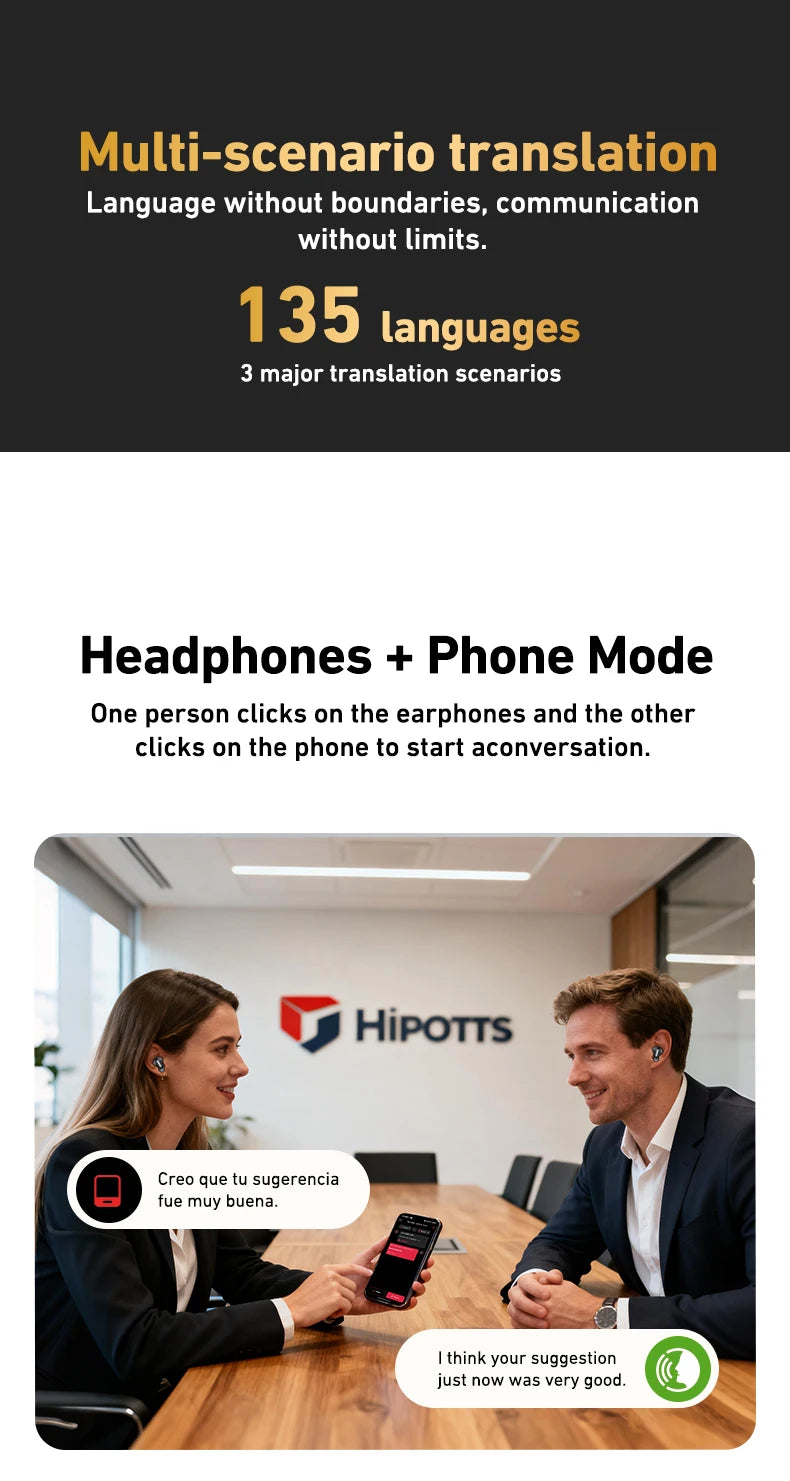 Two people in a professional office setting wearing black wireless earbuds and using a phone for translation.
