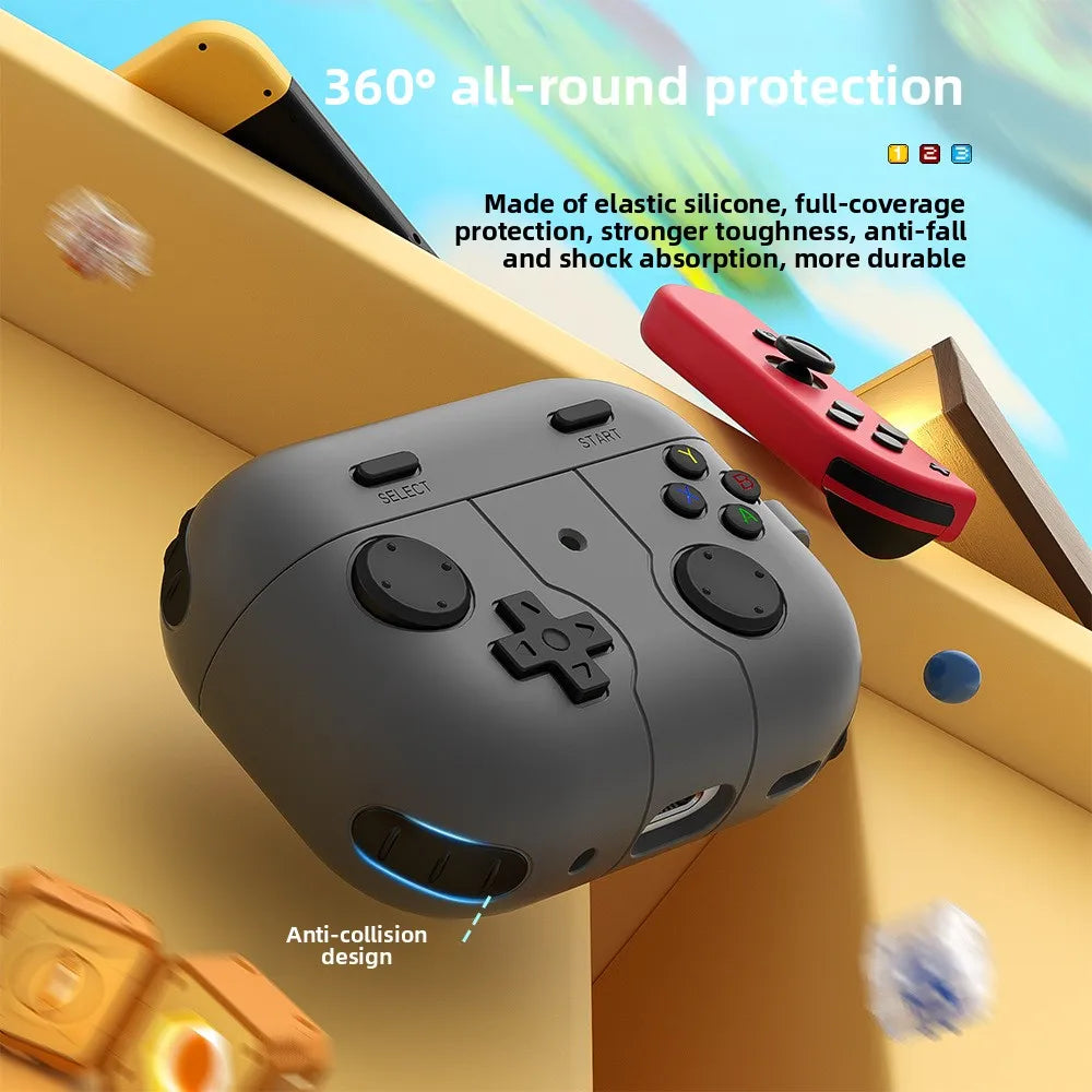 Grey silicone AirPods Pro case designed like a retro gaming controller, offering durable, shock-absorbent protection.