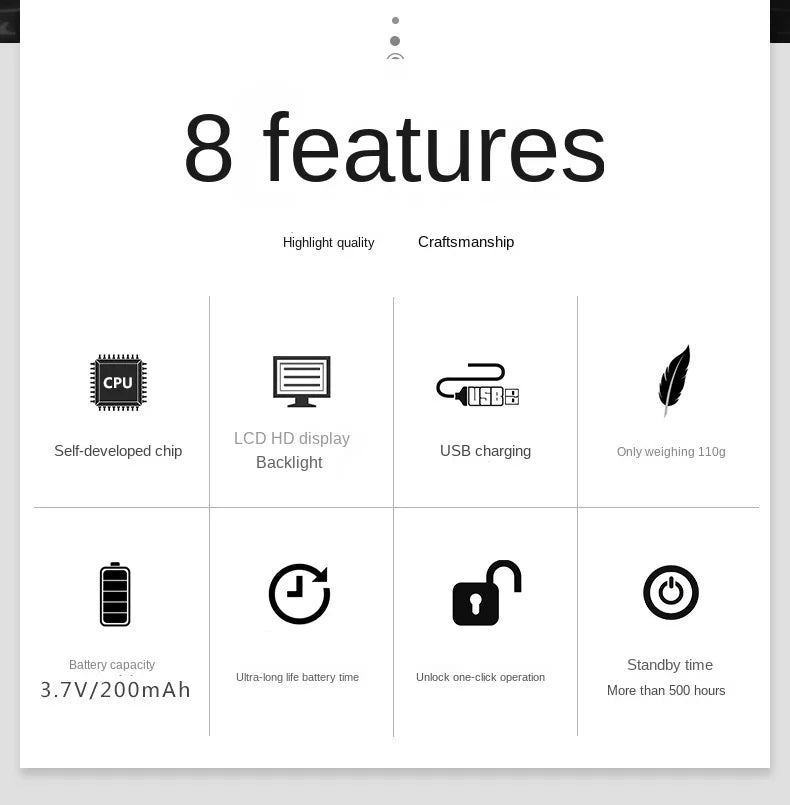 White infographic listing 8 features of a device including USB charging, LCD display, 110g weight, and 200mAh battery.