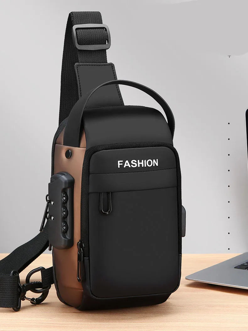Black and bronze anti-theft sling bag with a secure combination lock, top handle, and integrated USB charging port.