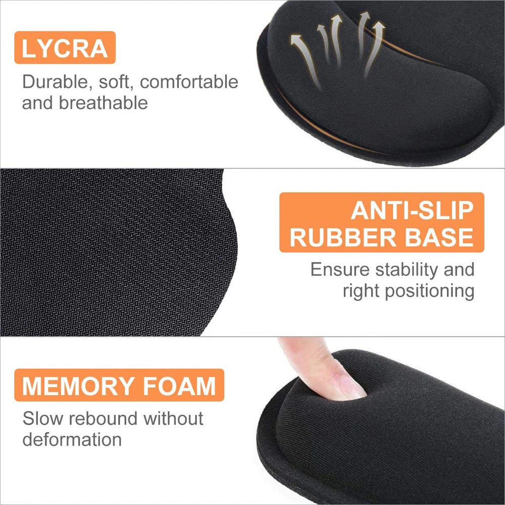 Black mouse pad with Lycra surface, memory foam wrist rest, and textured anti-slip rubber base.