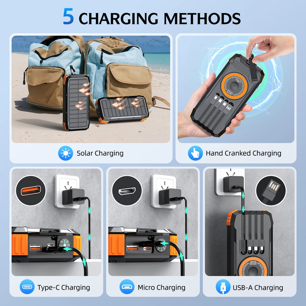 Rugged black and orange solar power bank, highlighting five charging methods including wireless and hand-crank options.