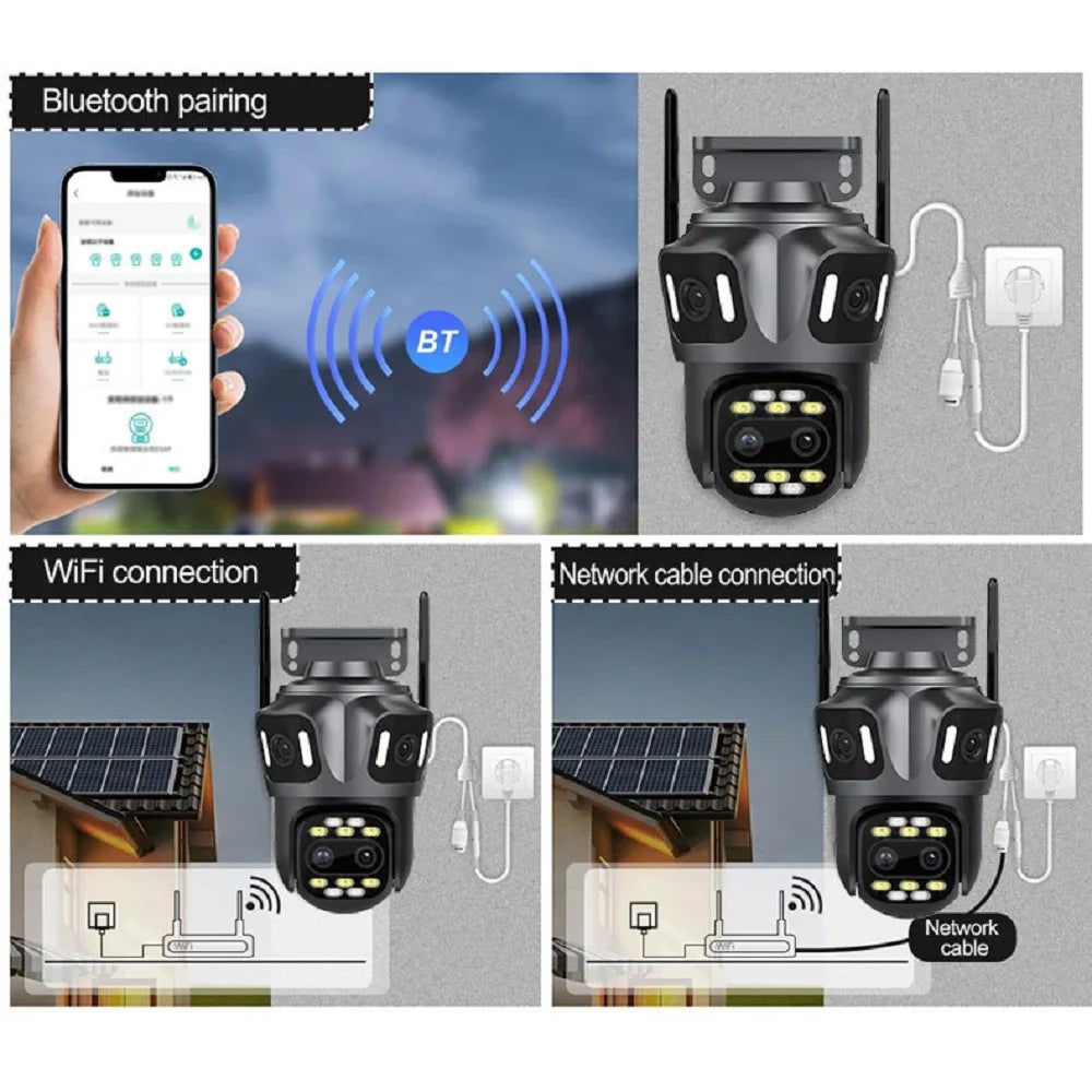 Grey 16MP quad-lens outdoor security camera showing Bluetooth, WiFi, and network cable connection options.
