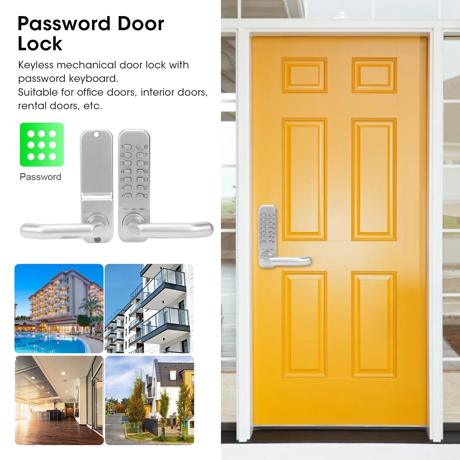 Silver metal mechanical door lock with a numeric keypad, shown installed on a bright yellow door.