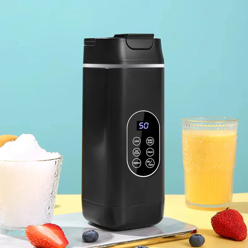Black portable blender with a digital display and touch buttons, set against a light blue background.